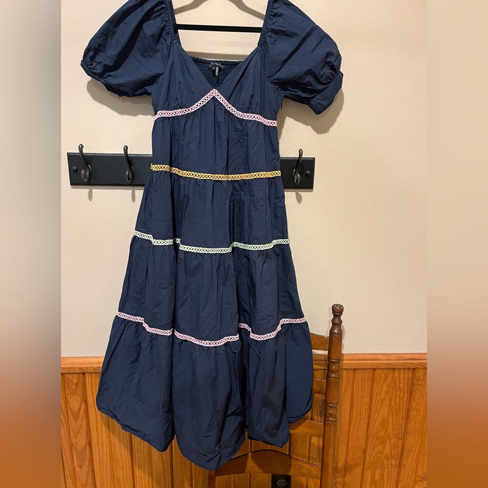 English Factory (Anthropology Brand) Navy Tiered Midi Dress with Pastel Trim